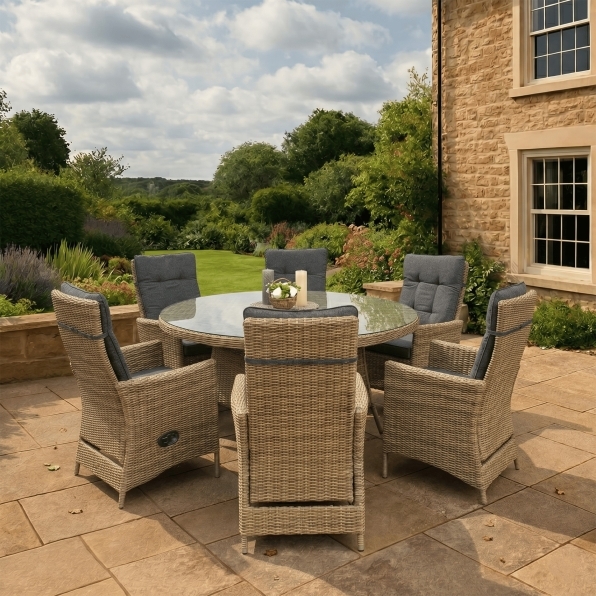 Rengard ABBEY Medium Rattan Dining Set – 140cm Round Table with 6 Reclining Armchairs