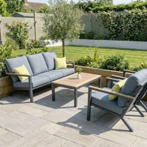 Rengard LILIS Aluminium Teak Wood 3 Seater Sofa Lounge Set with 2 Armchairs and Coffee Table