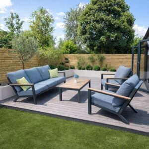 Rengard LILIS Aluminium Teak Wood 3 Seater Sofa Lounge Set with 2 Armchairs and Coffee Table