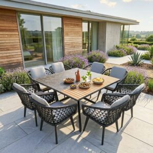 rengard waltz large 8 seat dining set outdoor and garden with Teak, HPL, Aluminium & Rope