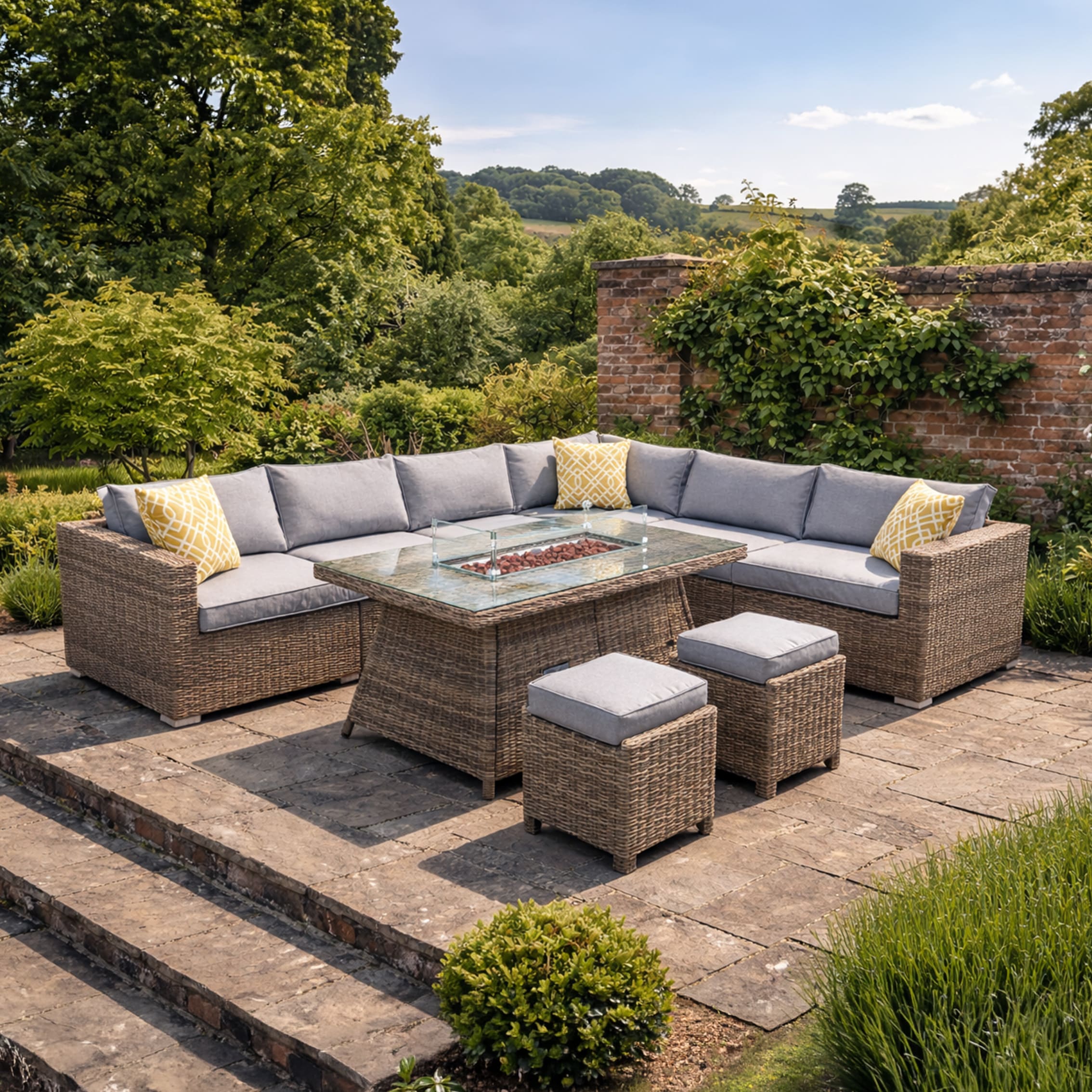 Rengard Jenny Large Modular rattan corner sofa set with firepit table and 8 seats