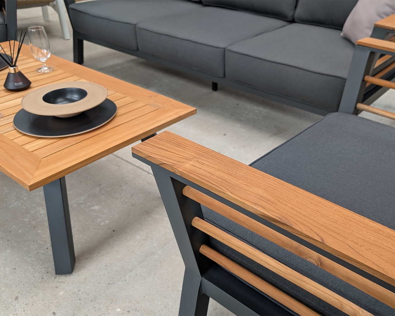 Rengard GEORGE Aluminium Teak Wood 3 Seater Sofa Lounge Set with 2 Armchairs and Coffee Table - Image 6