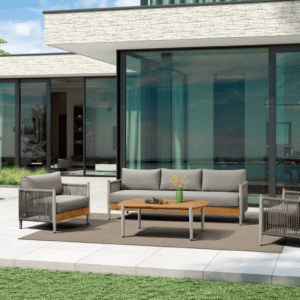 Rengard SAMBA Aluminium Rope and Teak Wood 3 Seater Lounge Set with 2 Armchairs and Coffee Table