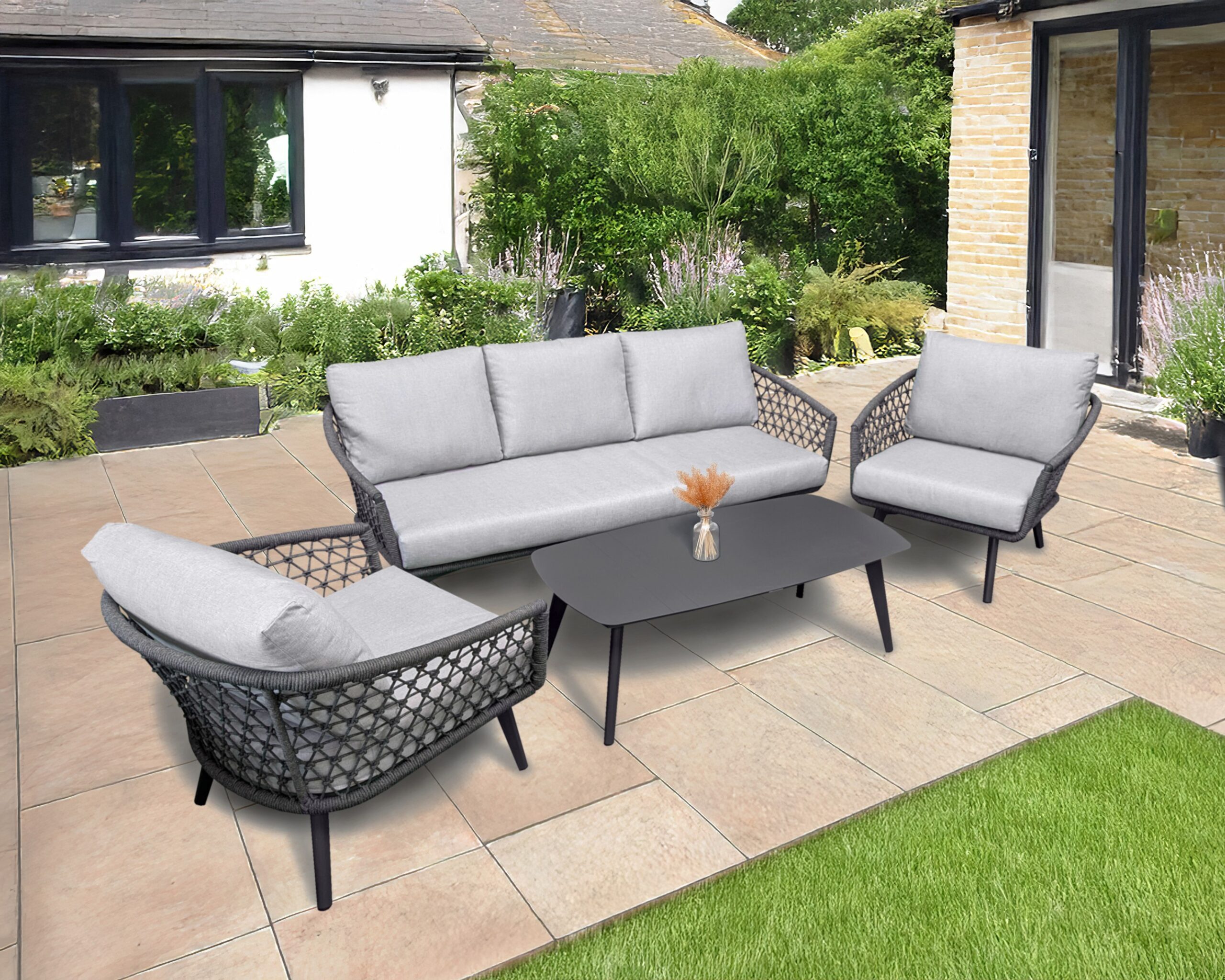 Rengard WALTZ Aluminium Rope 3 Seater Sofa Lounge Set with 2 Armchairs and Coffee Table