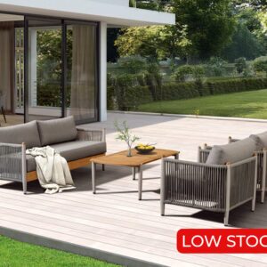 Rengard SAMBA Aluminium Rope and Teak Wood 2 Seater Lounge Set with 2 Armchairs and Coffee Table