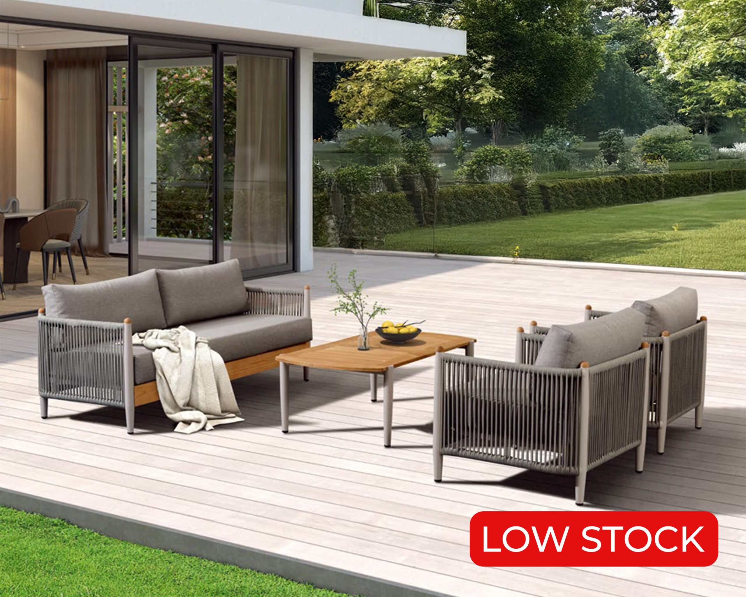 Rengard SAMBA Aluminium Rope and Teak Wood 2 Seater Lounge Set with 2 Armchairs and Coffee Table