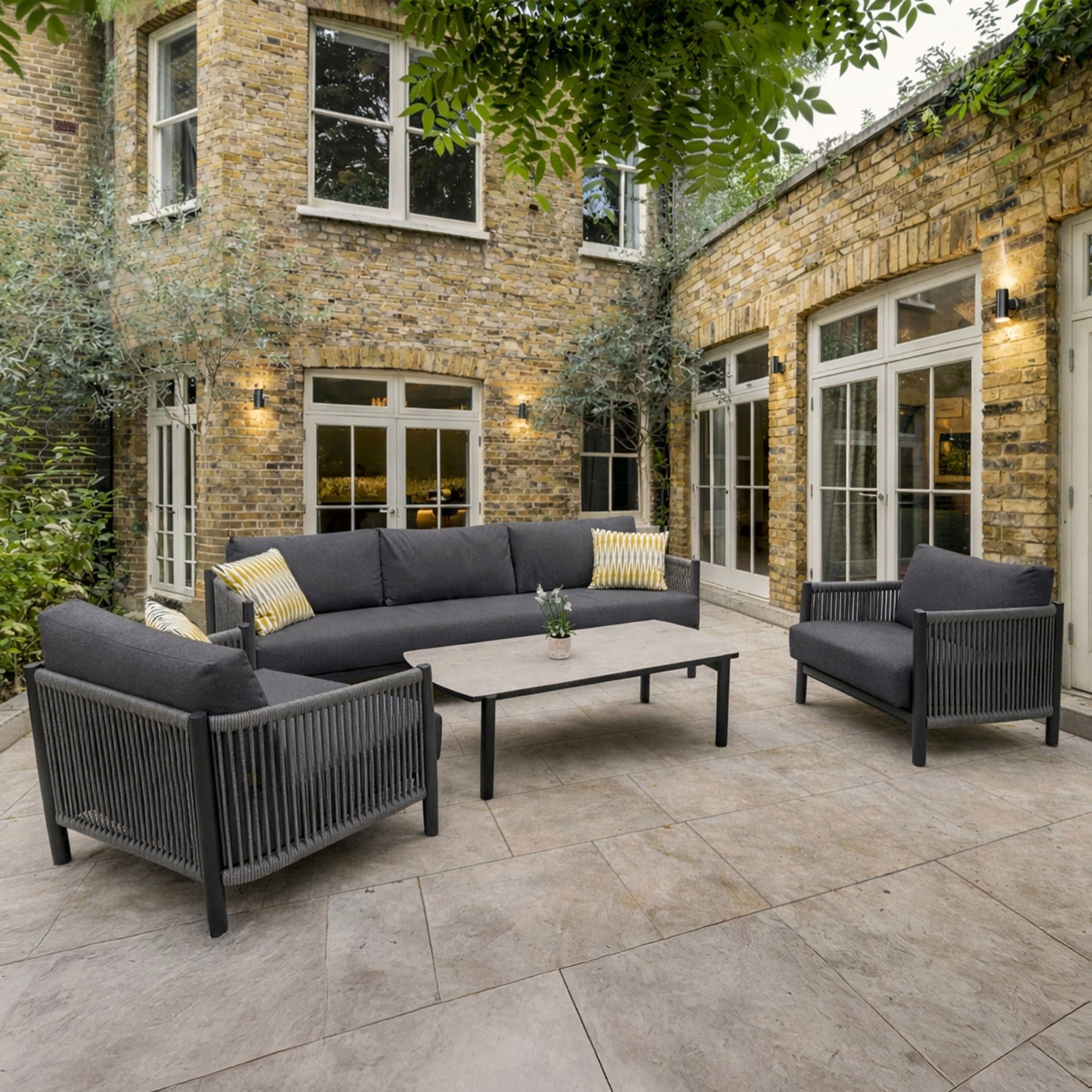 Rengard CHICAGO Aluminium and Rope 3 Seater Sofa Lounge Set with 2 Armchairs and Coffee Table