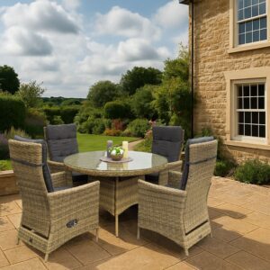 Rengard ABBEY Medium Rattan Dining Set – 140cm Round Table with 4 Reclining Armchairs