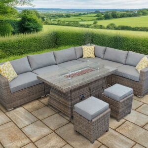 Rengard JENNY Rattan Modular 8 Seat Corner Sofa Set with Gas Fire Pit Table and 2 Footstools