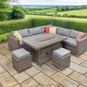 Rengard JENNY Rattan Modular 6 Seat Corner Sofa Set with Gas Fire Pit Table and 2 Footstools