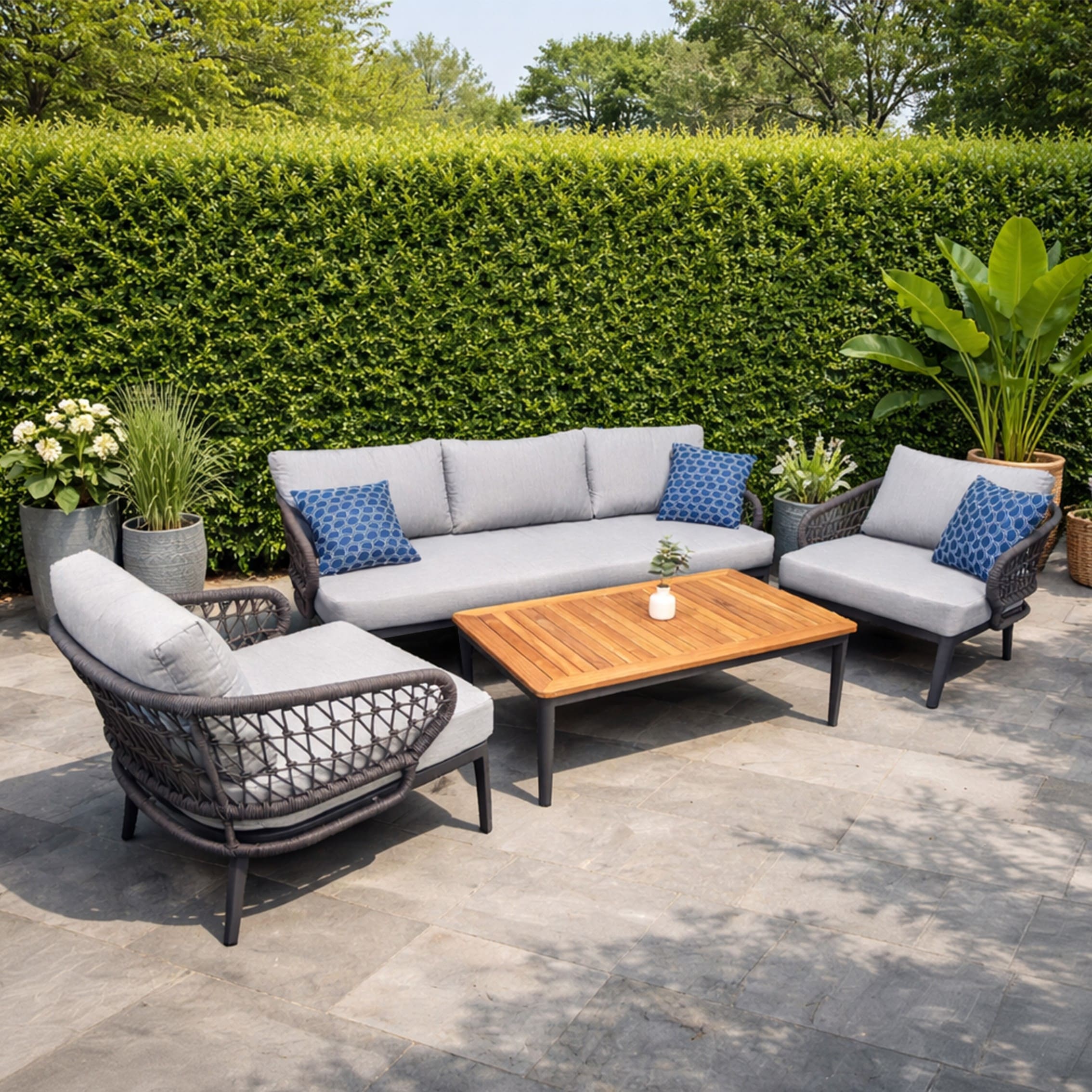 clearance rengard haidy garden sofa set with teak coffee table, aluminium frame and olefin rope detailing