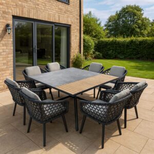 Rengard WALTZ 8 Seat Aluminium Rope Garden Dining Set - Square HPL and Teak Table in Anthracite Grey