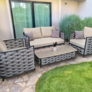 Rengard DIANA Aluminium Rope 2 Seater Sofa Lounge Set with 2 Armchairs and Glass Coffee Table