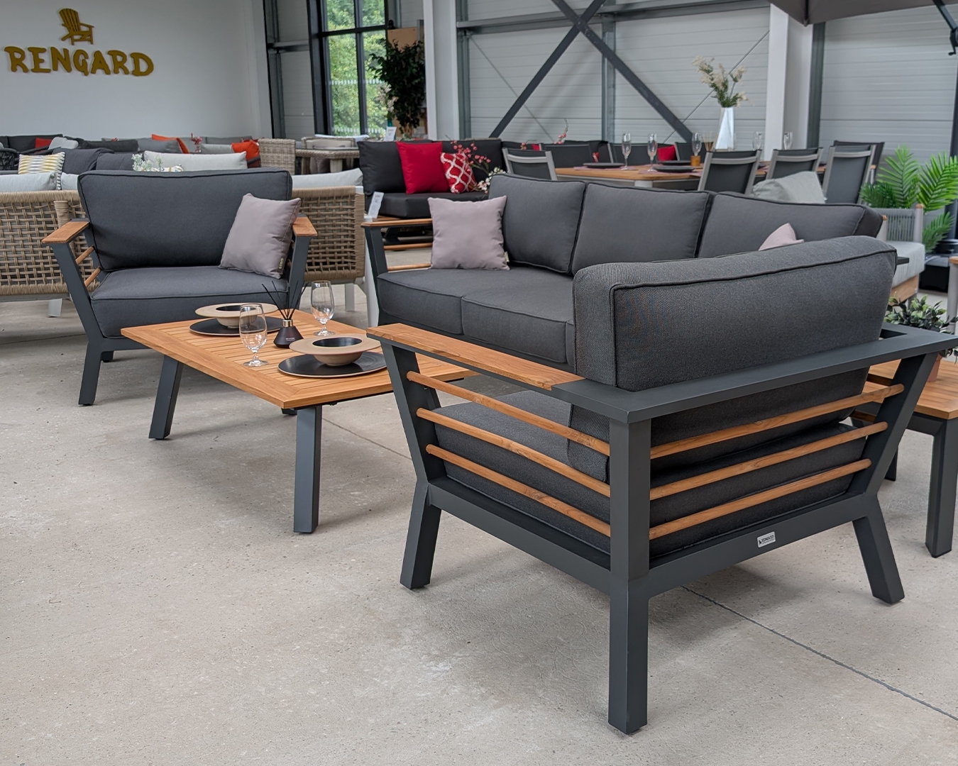 Rengard GEORGE Aluminium Teak Wood 3 Seater Sofa Lounge Set with 2 Armchairs and Coffee Table - Image 5