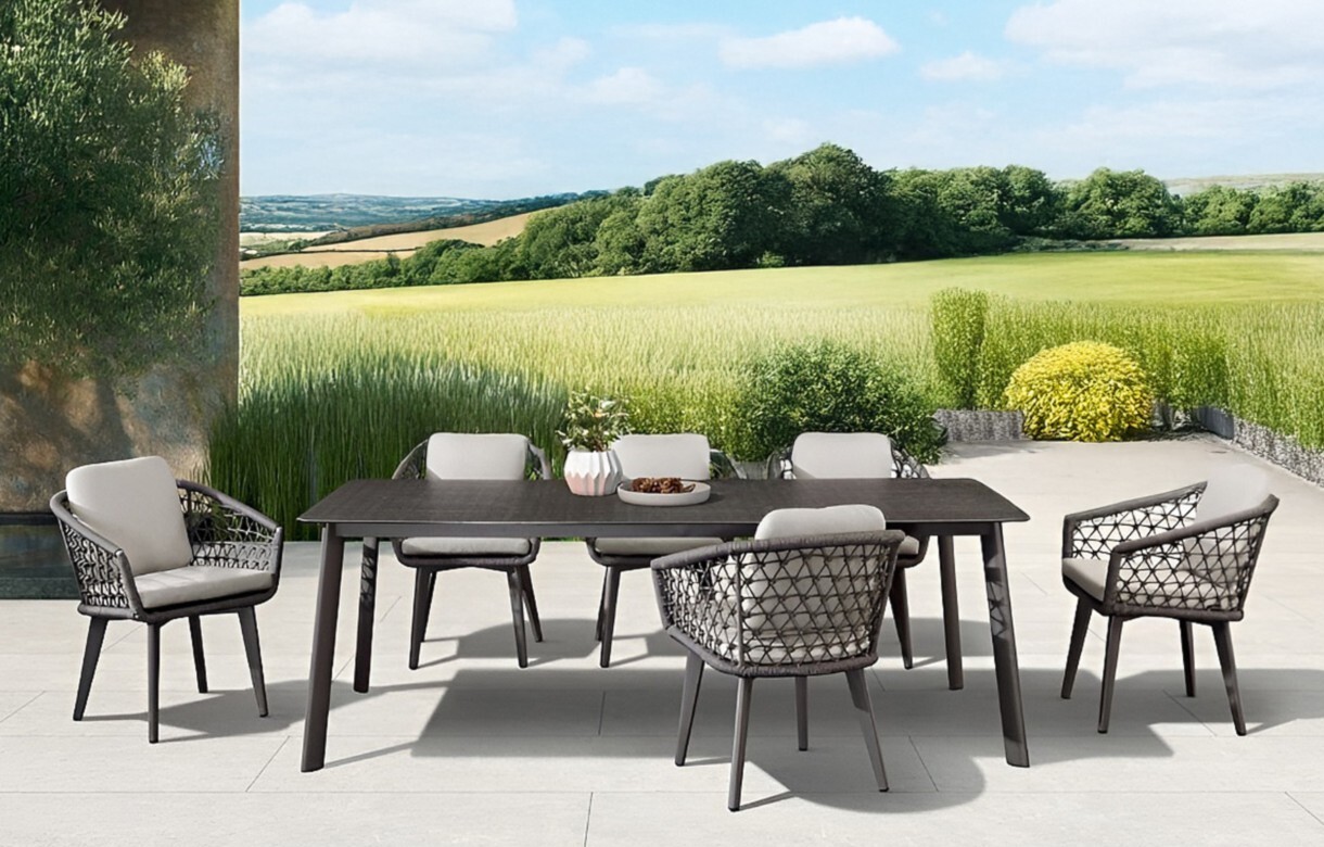 Rengard WALTZ 6 Seat Aluminium Rope Dining Set - Long Table in Anthracite Grey