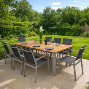 rengard las vegas natural teak and aluminium outdoor and garden dining set with 8 armchairs