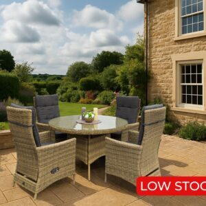 Rengard ABBEY Small Rattan Dining Set – 120cm Round Table with 4 Reclining Armchairs