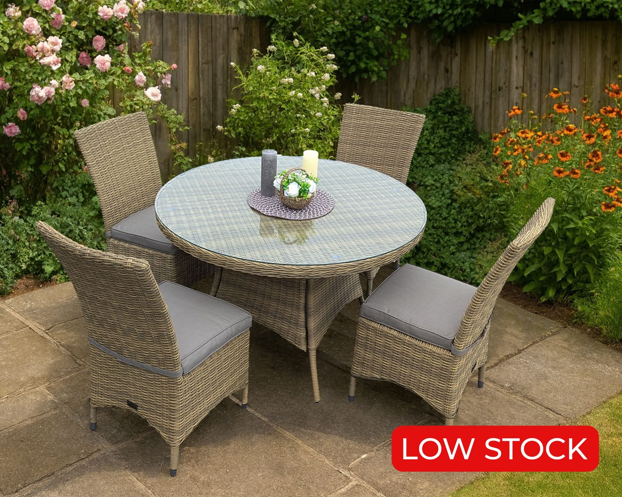 Rengard PATRICIA Small Rattan Dining Set – 120cm Round Table with 4 Chairs