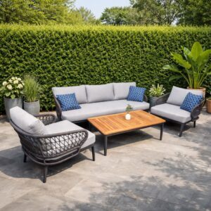 clearance rengard haidy garden sofa set with teak coffee table, aluminium frame and olefin rope detailing