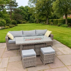 Rengard JENNY Rattan Modular 3 Seater Sofa Set with Gas Fire Pit Table and 2 Footstools